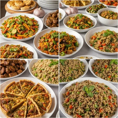 Assortiment de plats végétariens et sans gluten sur un buffet de traiteur