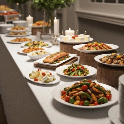 Elegant wedding buffet with various dishes arranged beautifully.