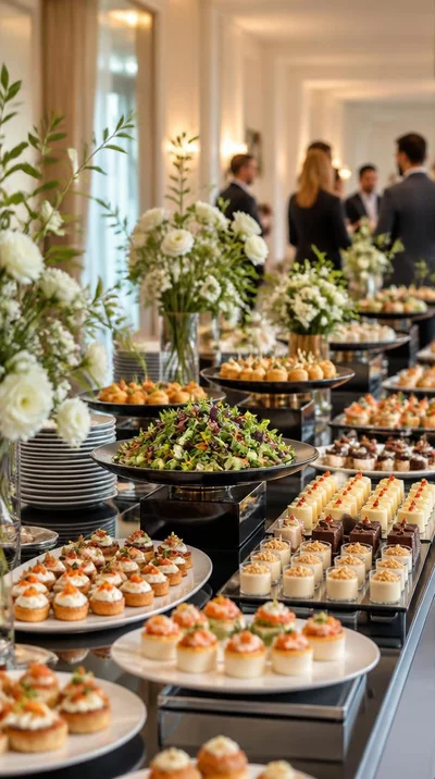 Buffet élégant avec des plats variés et des décorations florales lors d'un événement d'entreprise