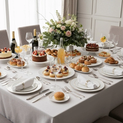 Table d'anniversaire joliment décorée avec des plats de traiteur, des boissons et des fleurs, ambiance festive
