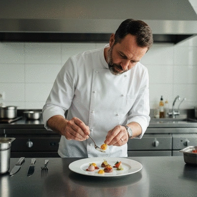 Chef preparing elegant dishes in a professional kitchen