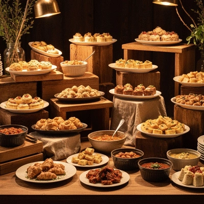 Buffet élégamment décoré avec des matériaux naturels, des présentations en niveaux et des couleurs vives, dans une ambiance chaleureuse