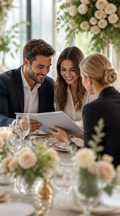 Couple reviewing wedding checklist with a caterer