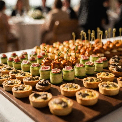 Beautifully arranged finger food on a catering platter