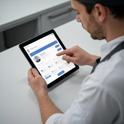 Chef traiteur travaillant sur une tablette pour la gestion de son SEO local à Besançon