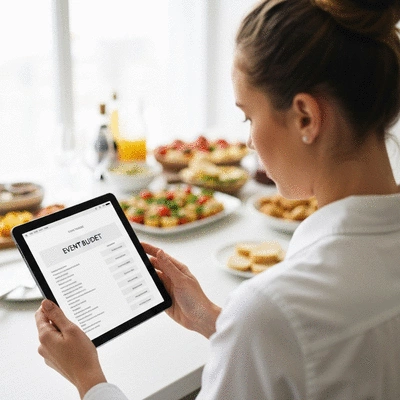 Person reviewing event budget on a tablet with catering elements in the background