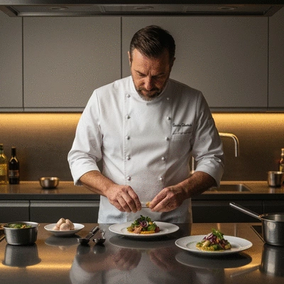 Chef cuisinier préparant un plat sophistiqué avec des ingrédients frais dans une cuisine professionnelle, ambiance gastronomique