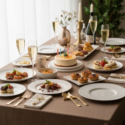 Une table d'anniversaire élégamment décorée avec des plats appétissants et des boissons dans un cadre festif