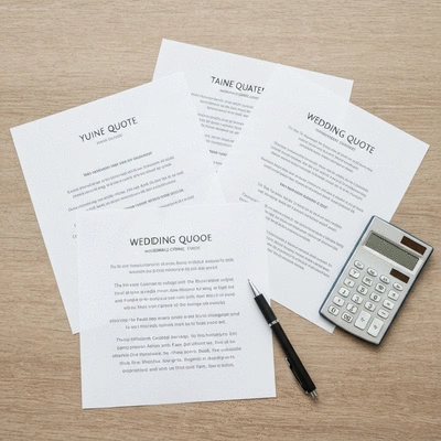 A top-down view of several wedding catering quotes laid out on a table, with a pen and a calculator nearby, suggesting comparison and decision-making, no text, no words, no typography, 8K, clean image