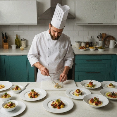 Chef preparing beautiful wedding dishes in a home kitchen, no text, no words, no typography, 8K