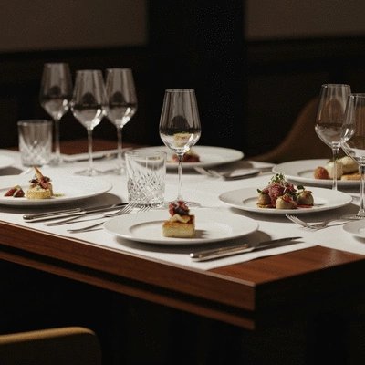 Elegant table setting with gourmet food at a corporate event