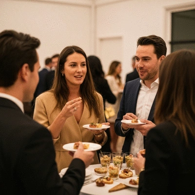 Personnes échangeant dans un cadre élégant de cocktail dînatoire avec des plats bien présentés