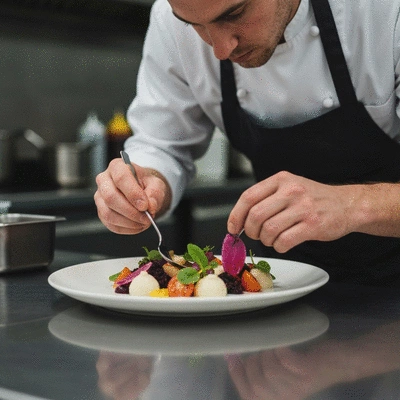 Chef arranging a beautifully plated dish with fresh, seasonal ingredients in a professional kitchen