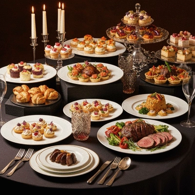 Elegant buffet table with various gourmet dishes and desserts, ready for an anniversary celebration, natural lighting, no text, no words, no typography, 8K