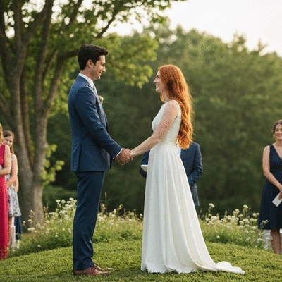 Couple holding hands during a symbolic ritual at a secular wedding ceremony, outdoor setting, soft lighting