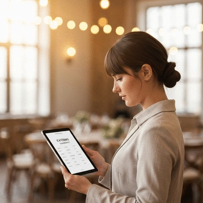 Event planner reviewing a catering checklist on a tablet