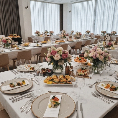 Elegant catering setup at a corporate event with various dishes and professional presentation