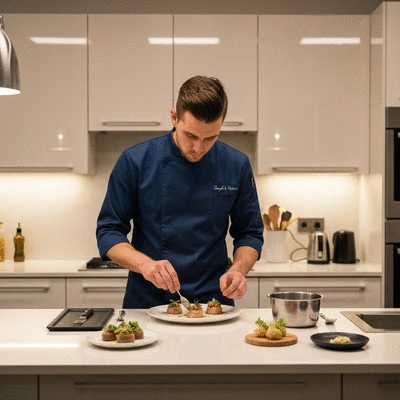Chef traiteur préparant un plat raffiné pour un anniversaire, cuisine moderne, ambiance chaleureuse